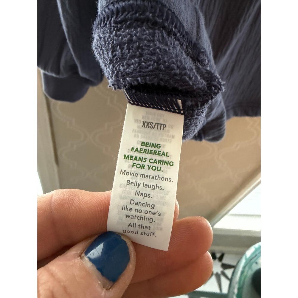 Aerie Textured Gauze Sweatshirt Split Neck Tassel Tie Navy Blue XXS NWT - Picture 7 of 12